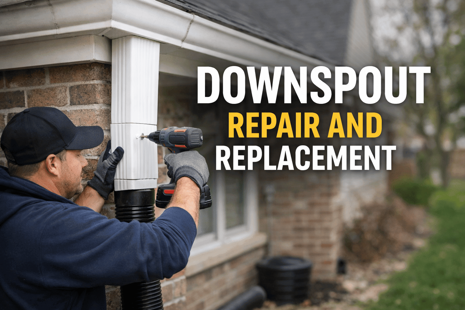 Technician replacing aluminum downspout on house exterior in Chicago IL for proper drainage